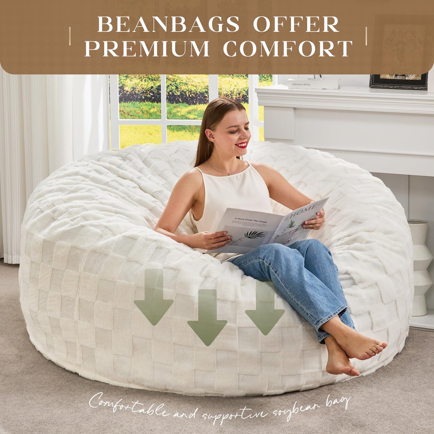 Hobestluk Bean Bag Chairs Beanbag Chair with Filler Adult Bean Bags with Fluffy Cover, Giant Bean Bag Chairs for Adults for Living Room, Bedroom (White, 5FT - 50” x 50” x 24”)
