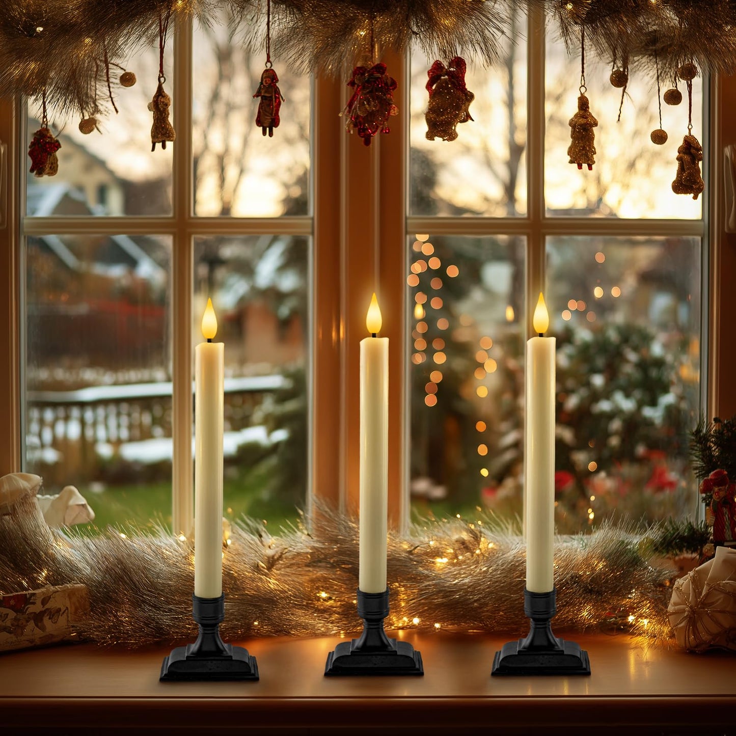 Homemory Real Wax Window Candles with Remote Timer Dimmer, Flameless Taper Candles with Holders, Christmas Candle for Window Battery Operated, LED Candlesticks for Home Holiday Decor,6 Pcs Ivory