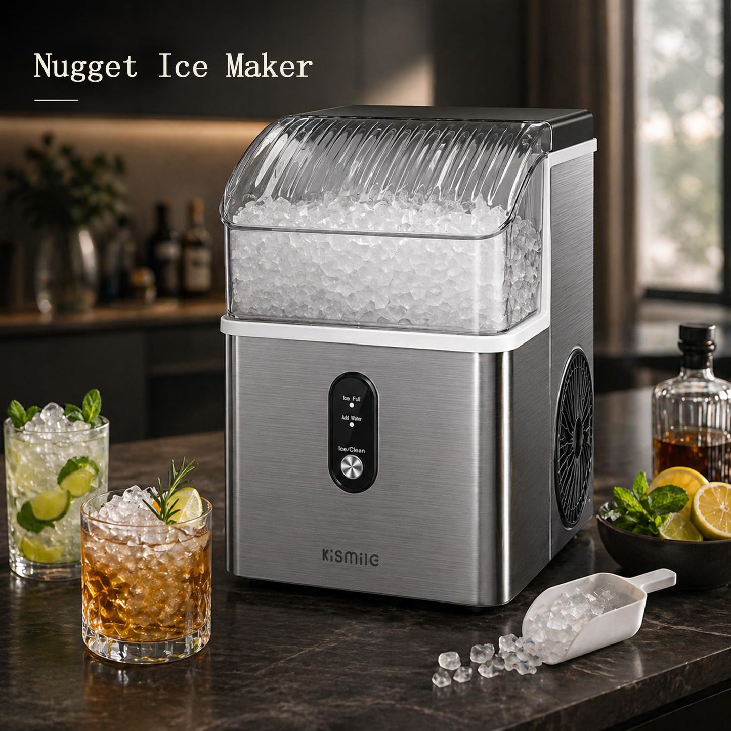 Kismile Nugget Ice Maker Countertop, Sonic Ice Maker with 35Lbs/24H, First Ice in 7 Mins, 1.2L Water Tank, Ice Basket Holds 2.2Lbs, Self-Cleaning Pebble Ice Machine for Home Kitchen Office Bar(Silver)