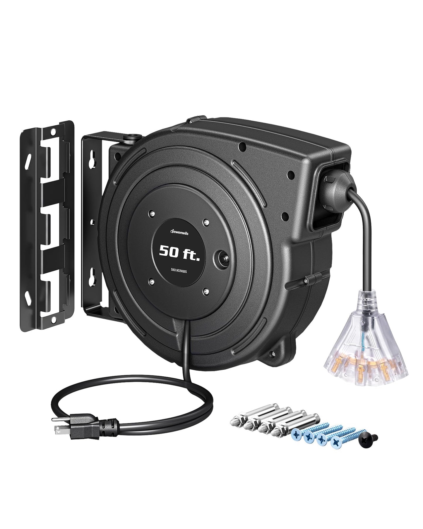 Dewenwils Retractable Extension Cord Reel, 50Ft Heavy Duty Power Cord, 14/3Awg Sjtow, Lighted Triple Tap Outlets, 13 Amp Circuit