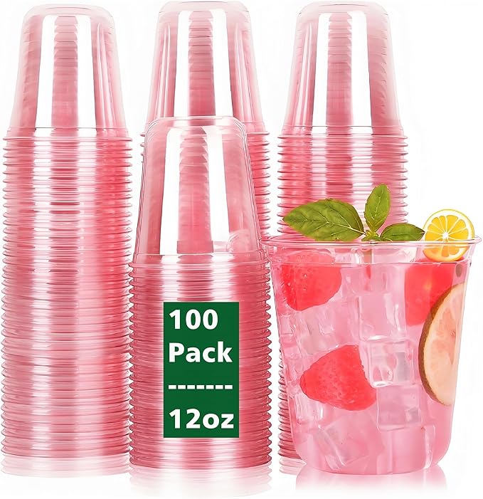Benestanti 100 Pcs Pink Plastic Cups,12oz Disposable Stemless Wine Glasses for Cocktail,Cute Plastic Cups,Cocktail Wine Gl...