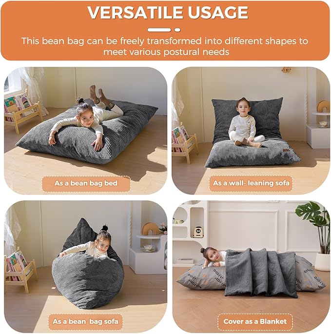 MAXYOYO 3 in 1 Kids Bean Bag Chair Bed, Convertible Chair Folds from Bean Bag to Lounger, Child Floor Sofa for Gaming, Reading, Floor Mattress with High-Density Foam Filling