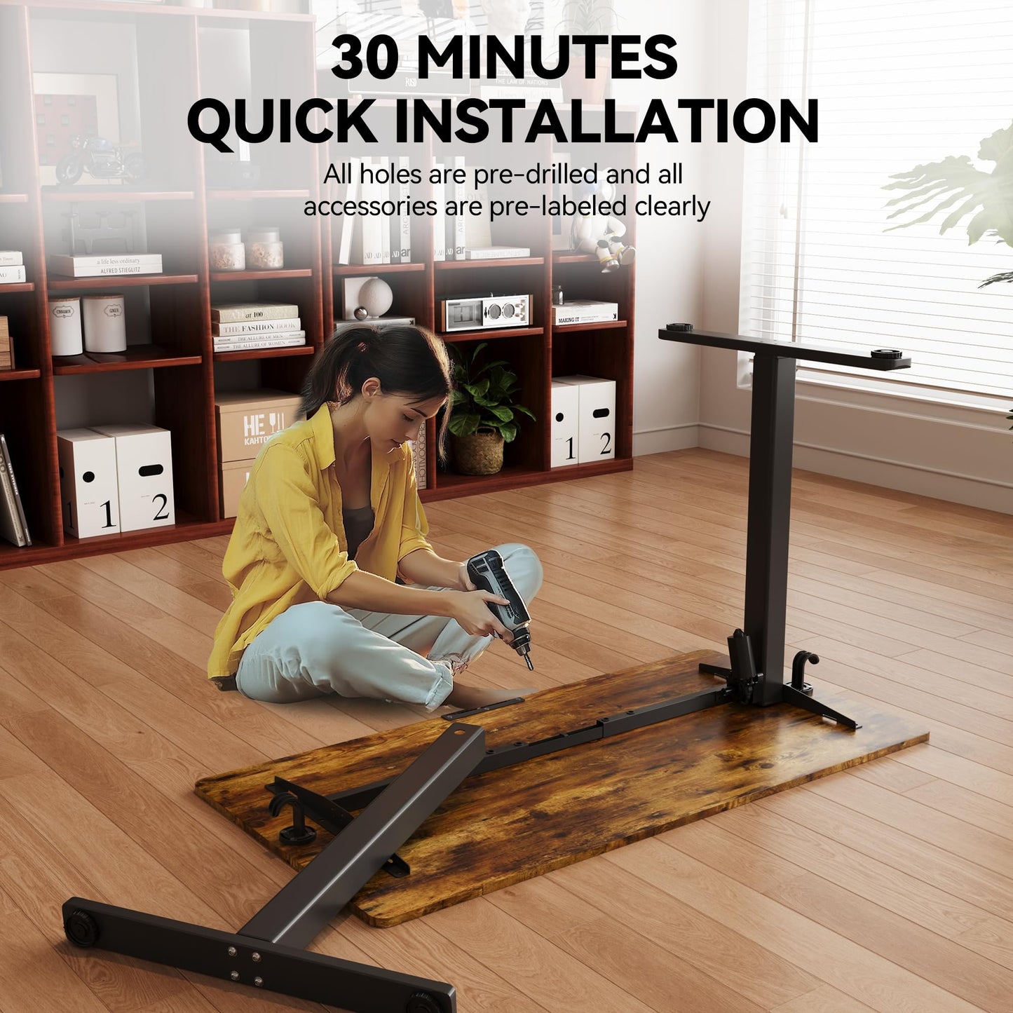Gamork Electric Standing Desk,48x24 Inches Adjustable Height Stand up Desk, Sit Stand Home Office Desk with Splice Board, 3 Preset Heights,Equipped with Hooks,Ergonomic Computer Workstation，Brown