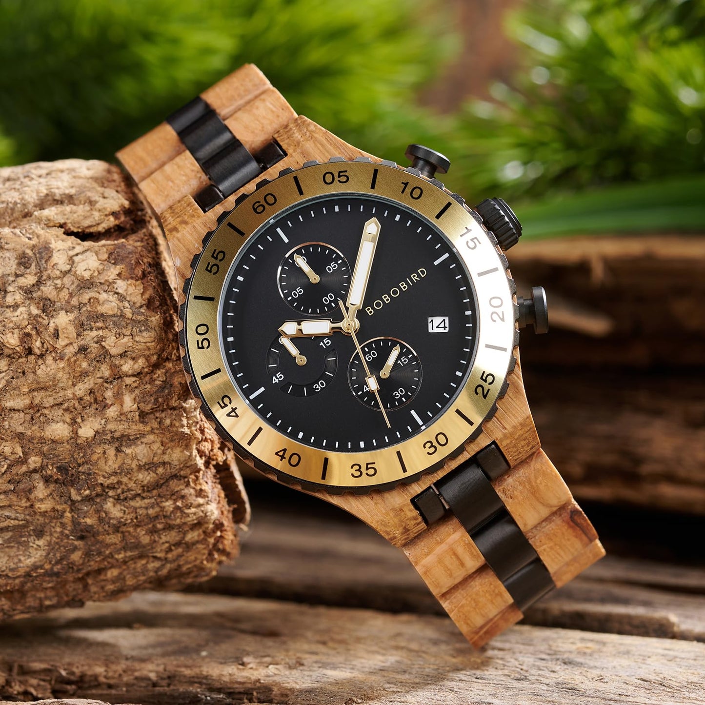2win Engraved Wooden Watches for Men Gold Date Chronograph Military Luxury Japanese Movement Personalized Anniversary Watch Gift for Husband My Man Boyfriend (A-for-Husband)