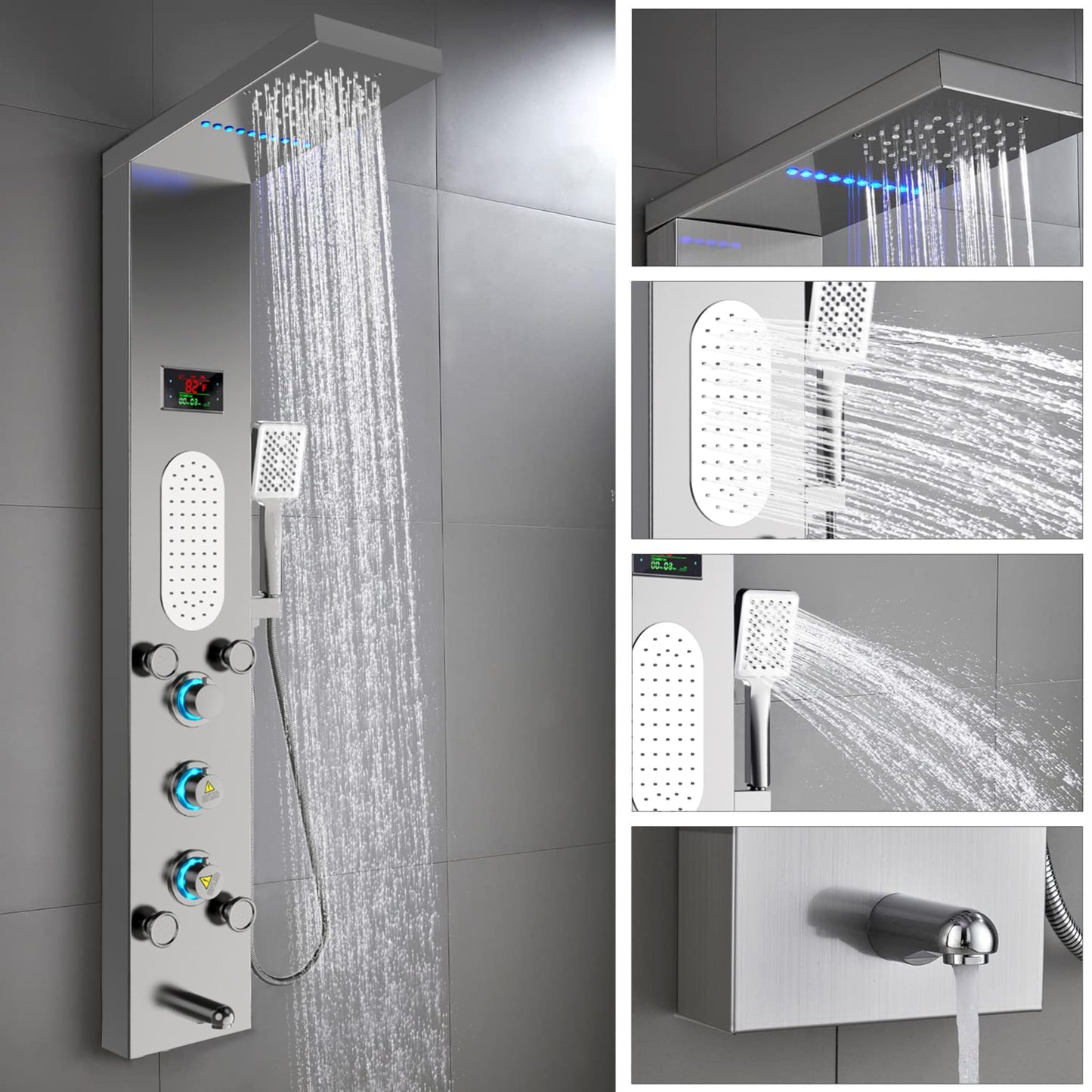 ELLO&ALLO LED Shower Panel Tower System, Rainfall and Mist Shower Head Rain Massage with Body Jets, Brushed Nickel