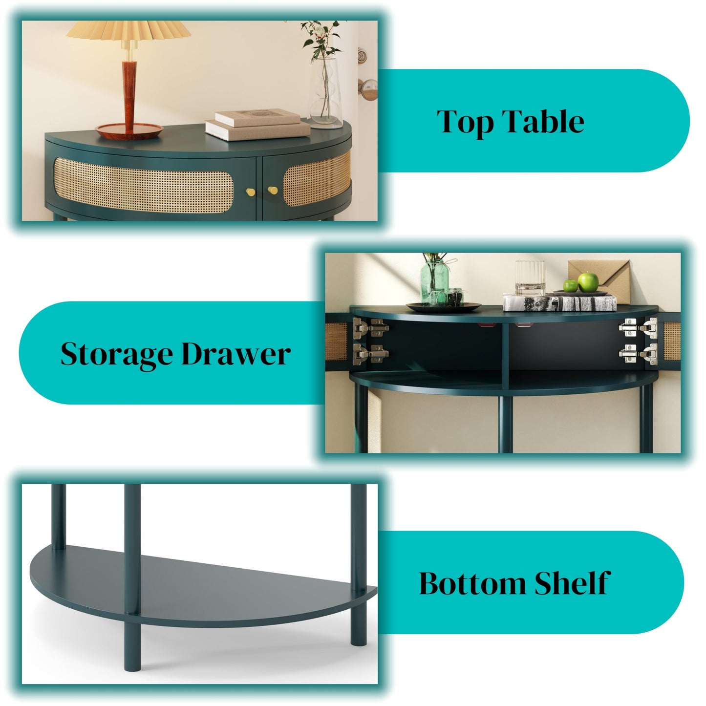 Half Moon Wood Console Table for Narrow Entryway, Boho Rattan Side Coffee Table with Storage, Accent Table for Small Spaces, Decorative Furniture for Living Room Hallway Foyer Entrance (Green)