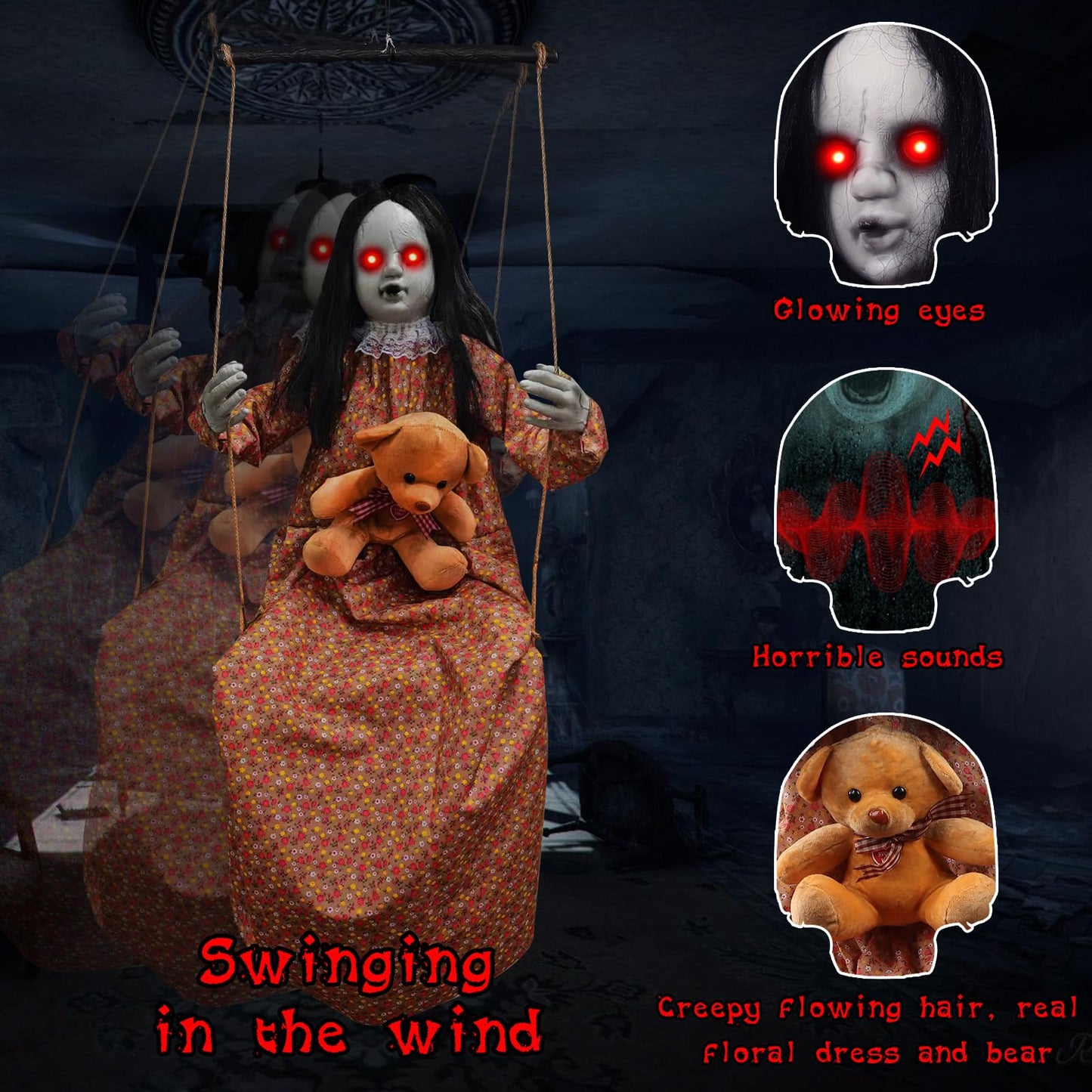 Scary Halloween Decorations Outdoor, Halloween Hanging Swinging Doll Girl with Sound & Slap Activated, Light Up Eyes Creepy Sound Expressions, Large Scary Halloween Decor Props for Indoor Outside