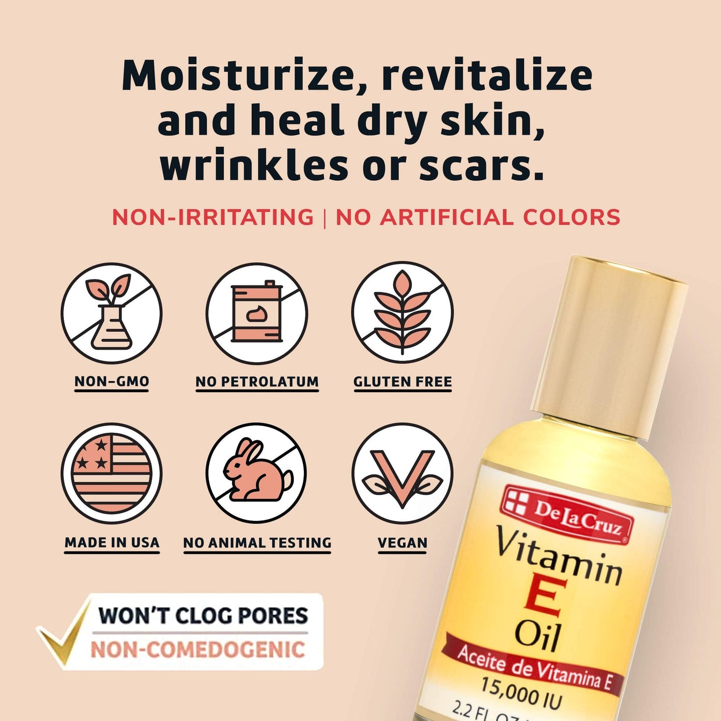 De La Cruz Vitamin E Oil, Vitamin E Oil with Safflower for Skin, Hair, Face and Body, 2.2 FL. OZ. (4 Bottles)