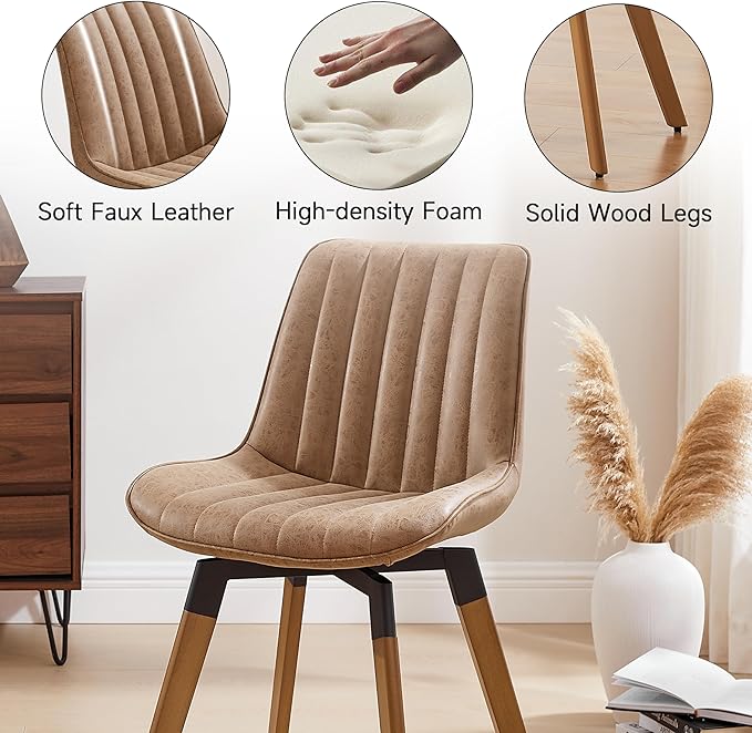 Art Leon Swivel Dining Chairs - Mid Century Modern Kitchen Dining Room Chairs, Upholstered Faux Leather Armless Side Chairs with Wood Legs, Set of 4, Brown