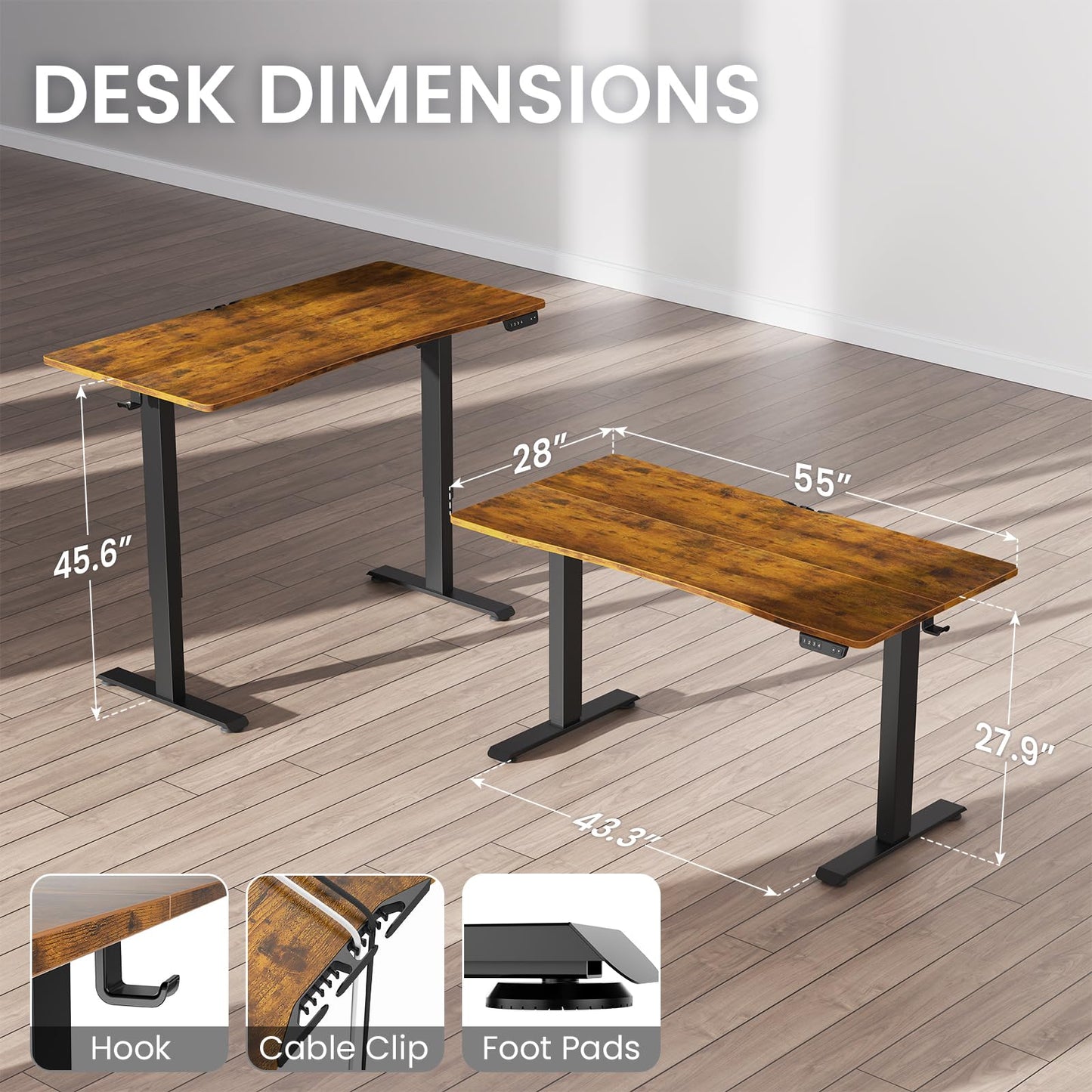 Veken 55 x 28 Inch Electric Standing Desk with Adjustable Height, Sit to Stand Computer Table for Study, Work or Gaming, Home Office Desk Brown
