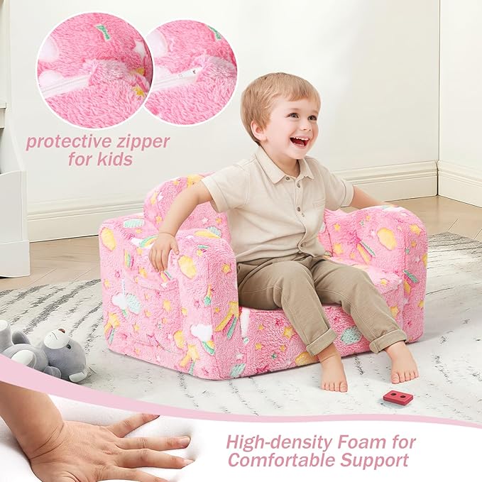 MeMoreCool Folding Toddler Chair, Glow-in-The-Dark Soft Plush Kids Fold-Out Couch Sofa, Comfy Baby Recliner for Girls and Boys (Pink Rainbow)