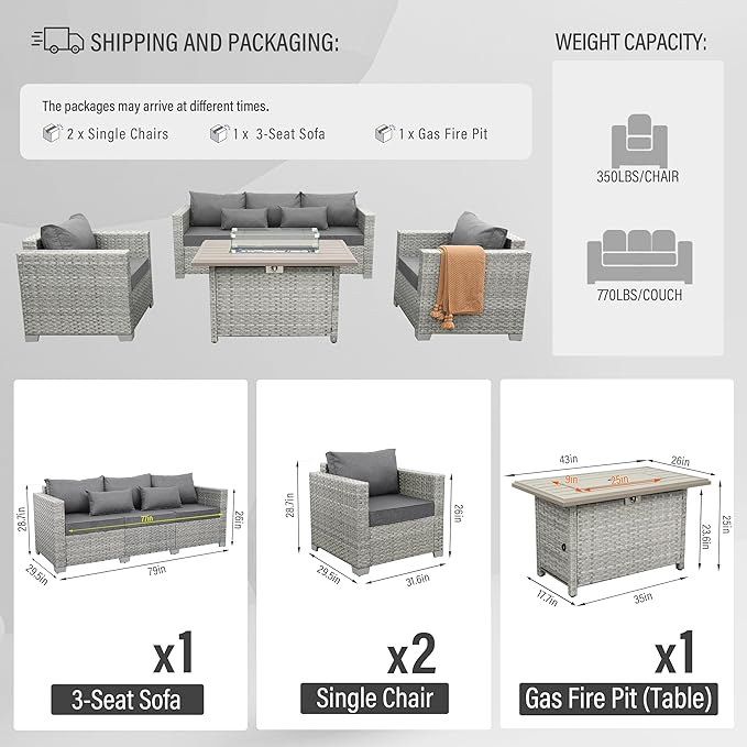 WAROOM Patio Furniture Set 4 Piece Wicker Conversation Sets PE Rattan Chair Outdoor Couch Sectional Sofa with Fire Pit Table, Grey Cushion
