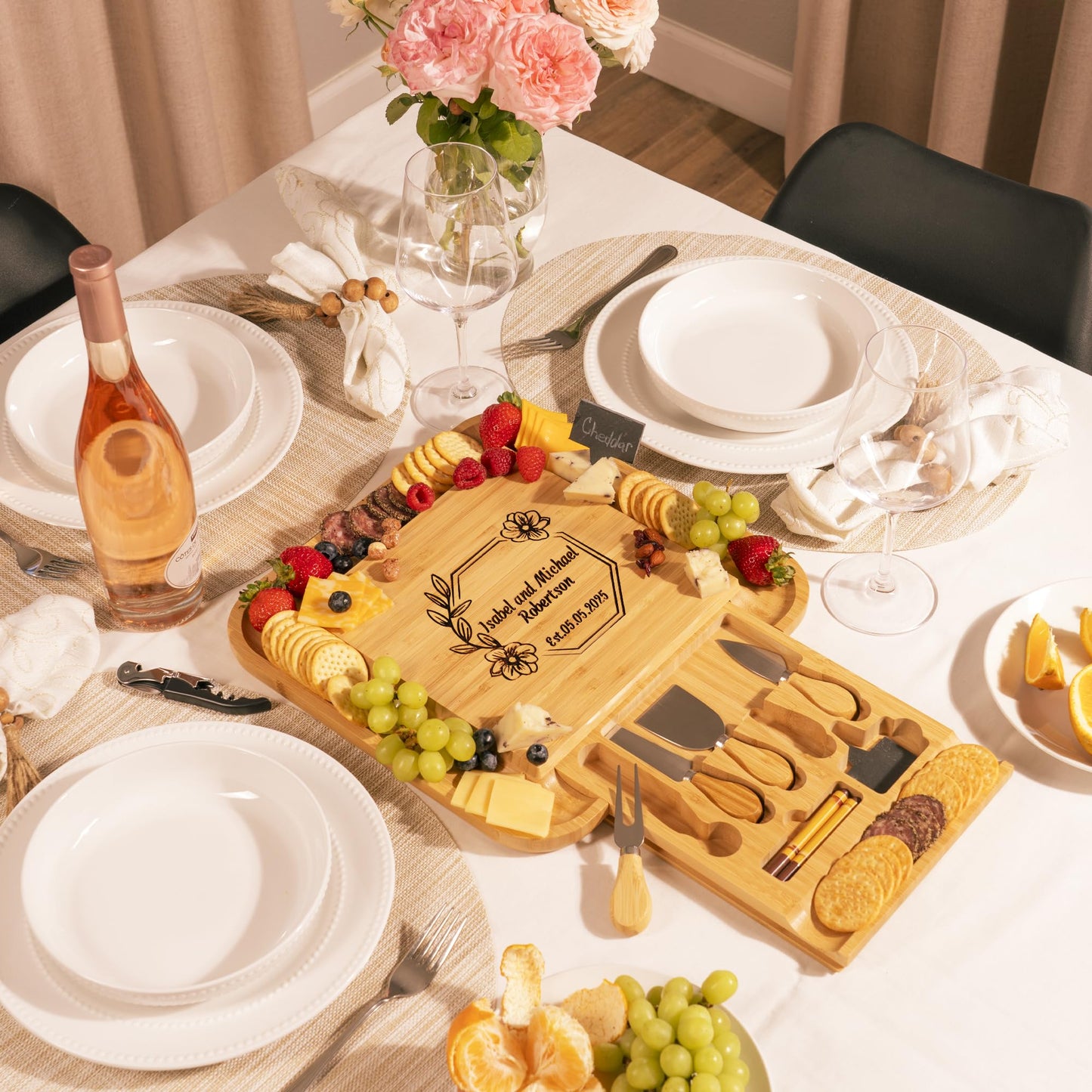Personalized Bamboo Cheese Board with Cheese Knives & Accessories – Custom Engraved Charcuterie Board Gift Set, Wedding for Couples 2025, Housewarming