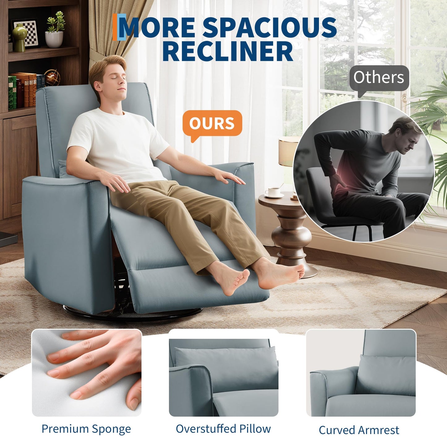 IDEALHOUSE Swivel Rocking Nursery Recliner Chair Rocker Recliner Glider Deep Seat PU Leather Sofa Chair with high Backrest for Nursery, Living Room, Bedroom & Home Movie Theater (Gray)