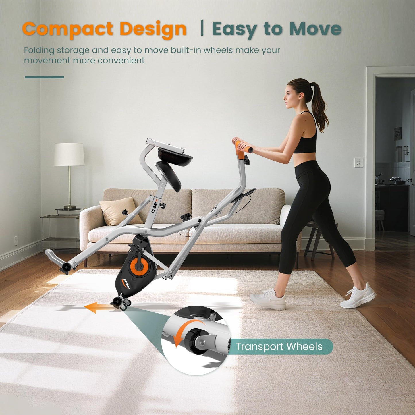 Pooboo Foldable 2-in-1 Exercise Bike, Elliptical & Stationary Cycling Mode, 8-Level Magnetic Resistance, Silent Indoor Fitness Bike for Home & Rehab, Adjustable Seat & Handrail, LCD Monitor, 300LBS Weight Capacity, Silver Black