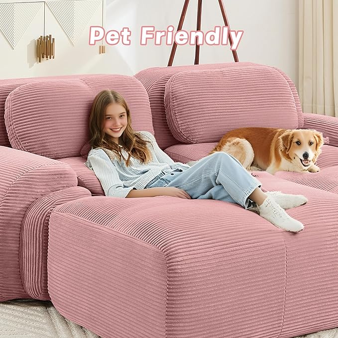 SoarFlash 81” Sectional Cloud Boneless Sofa Couches for Living Room-2 Seater L-Shaped Modern Lounge Couch-No Assembly Modular Corduroy Convertible Sponge Sleeper Sofas with Chaise for Home House,Pink