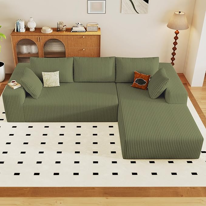 96" Cloud Sectional Couch with L-Shape Chaise, Modern Corduroy Boneless Couch for Living Room,Memory Foam Sofa with Deep Seat,No Assembly Required (Green,Right-Facing Chaise)