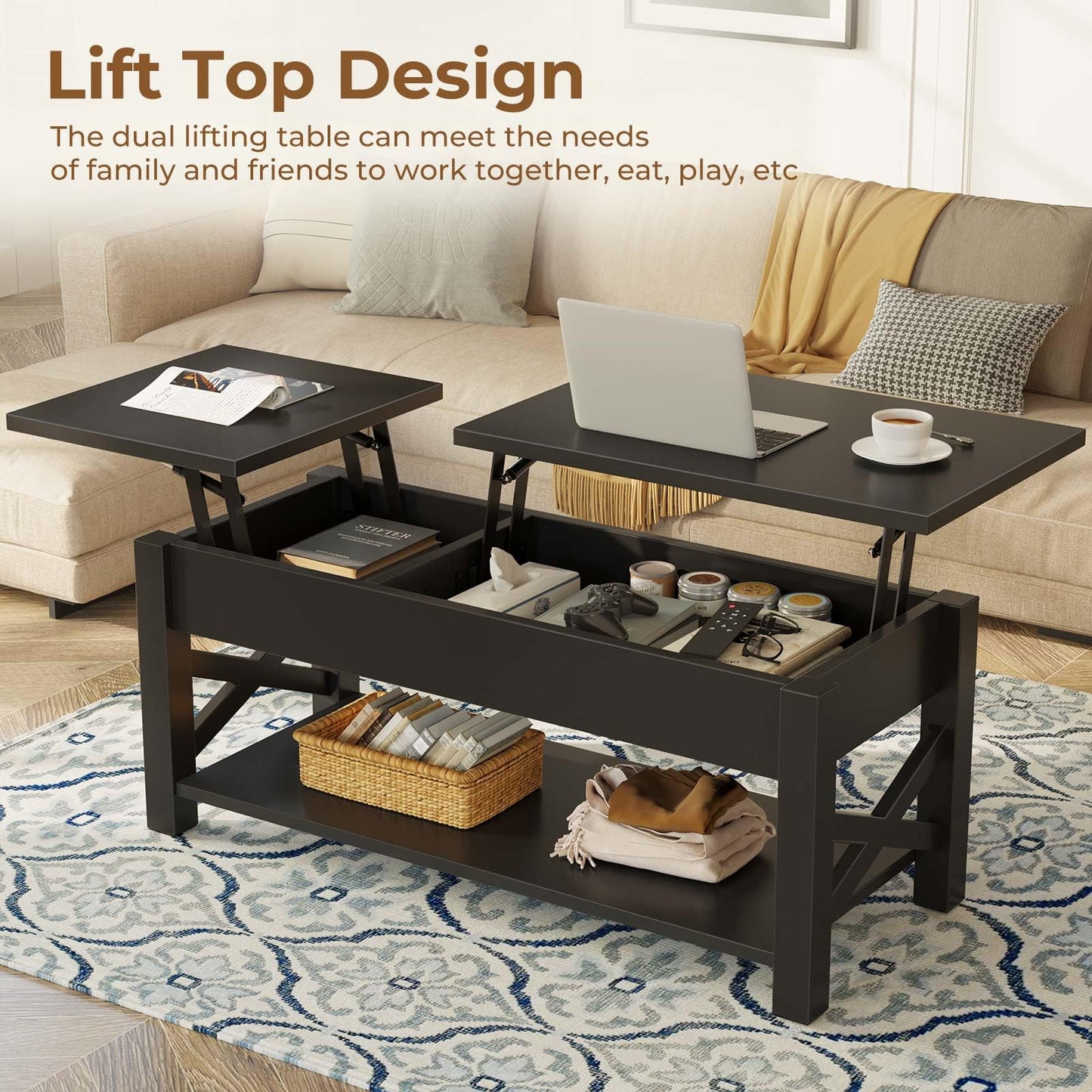 Rolanstar Coffee Table 47.2", 2 Way Lift Top Farmhouse Center Table with Hidden Compartment, Open Shelf & X Wooden Support for Living Room, Black