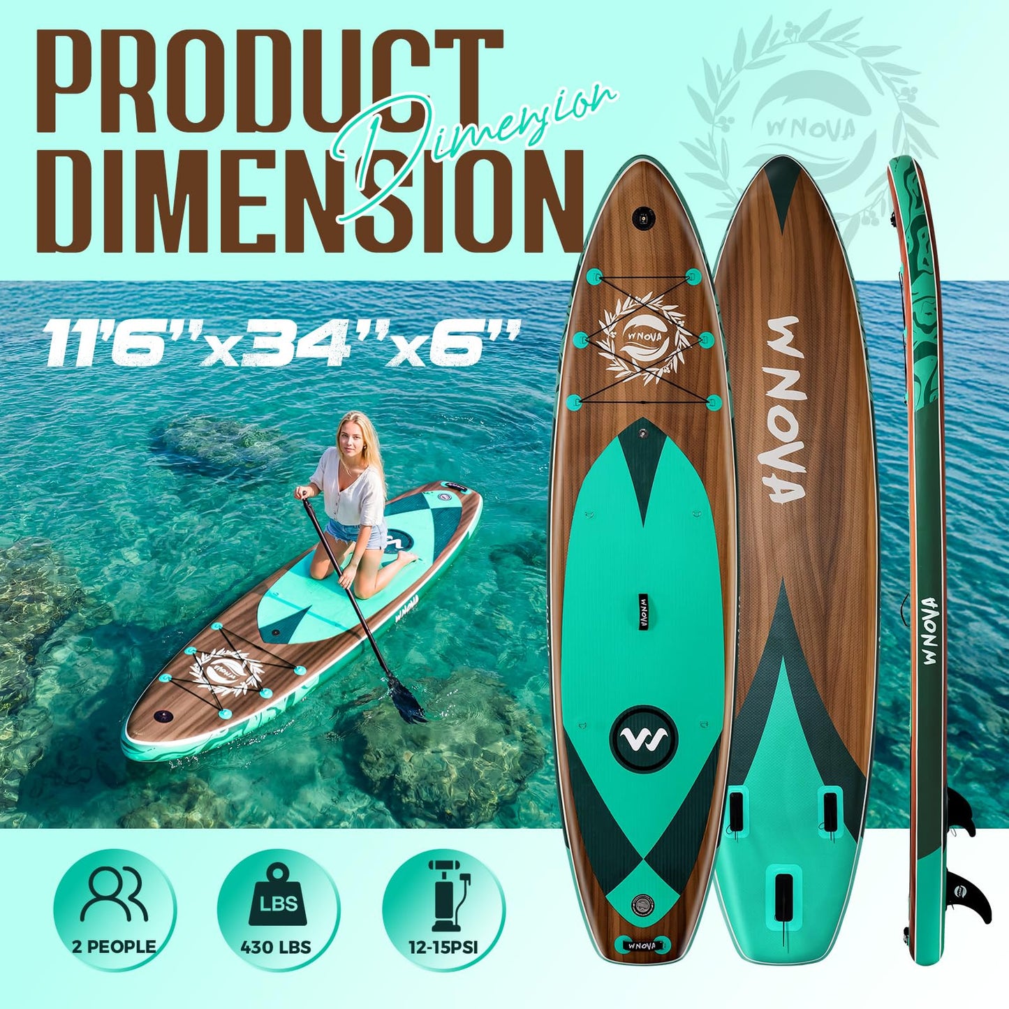 WNOVA 11'6" × 34" Extra Wide Inflatable Stand Up Paddle Board, Stable SUP with Premium SUP Accessories and Non-Slip Comfort Deck for Adults & Youth of All Skill Levels (Teak Zephyr/Kayak Seat)