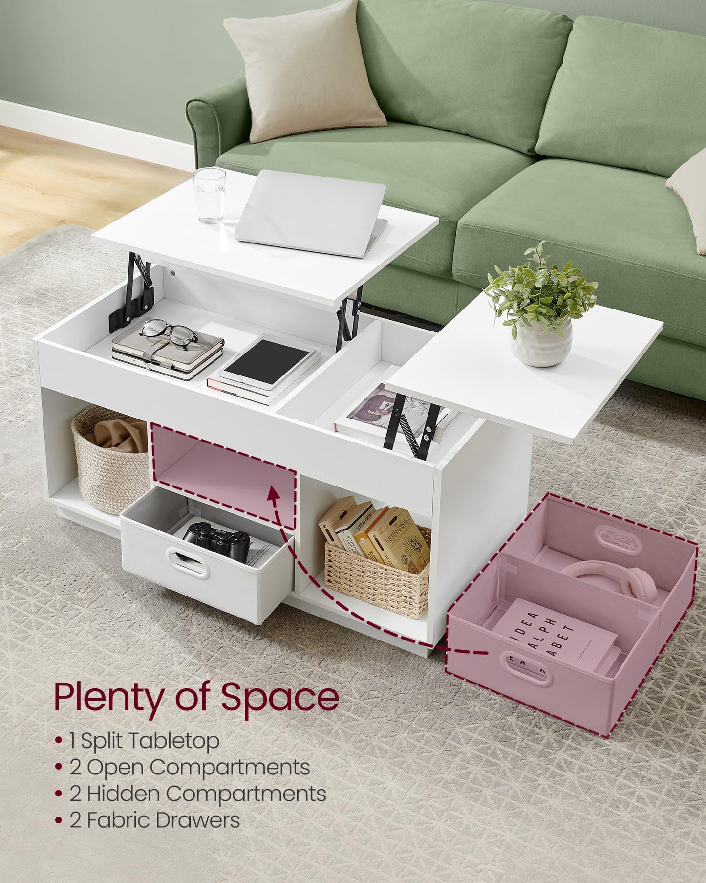 VASAGLE Coffee Table, Lift Top Coffee Table with 2 Drawers and Hidden Compartments, Center Table with Lift Tabletop, Open Compartments, for Living Room, Home Office, Snow White ULCT210W01