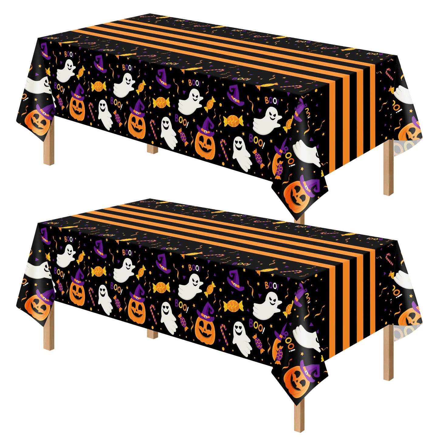 Kelool 2 Pack Halloween Tablecloth 54 x 108 Inch,Plastic Table Cloth Rectangle Disposable,Ghost Black Tablecloths Halloween Decorations,Pumpkin Witch Hat Table Cover for Indoor Outdoor Party Decor