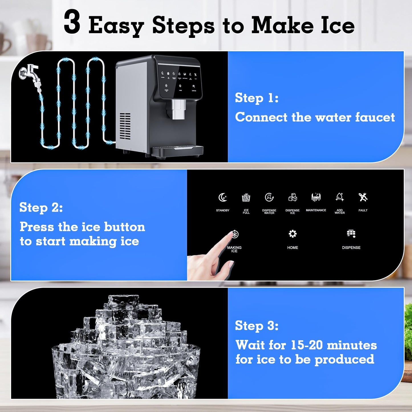 2-in-1 Nugget Ice Maker 66Lbs/24H Soft Chewable Ice, Built-in 6lbs Ice Storage,One-Button Operation Stainless Steels Nugget Ice Machine, Self-Cleaning Function for Office,Party, Home,RV