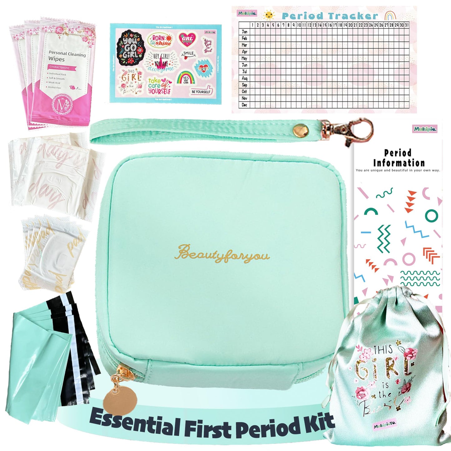 multipieyo Essential First Period Kit for Girls 10-12 | Period Bags for Teen Girls for School | First Period Gift with Sanitary Pad Storage Bag, Wipes, Period Tracker and More(Mint)