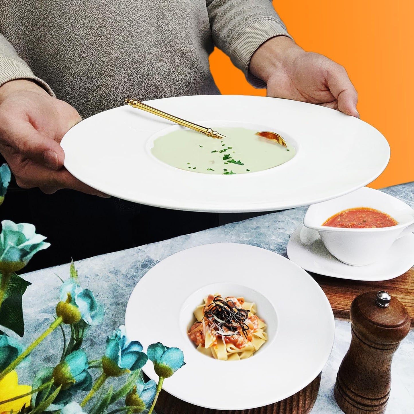 Ceramics Rimmed Soup Bowls 8.8 oz, White 11.6 inch Exquisite small soup plate Set of 4, Pasta plates With Rim is the best choice for hotels, kitchens, fine restaurants and gourmets