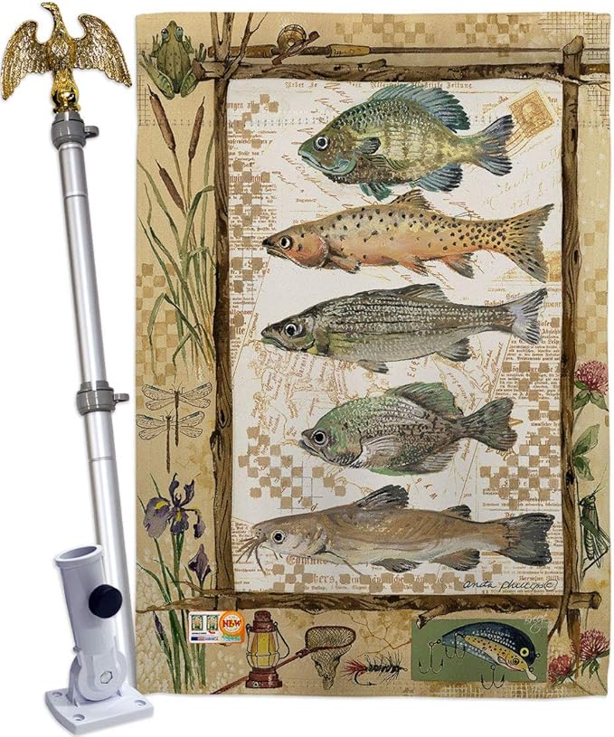 Breeze Decor HS109056-BO-02 Fishing Adventures Nature Outdoor Decorative Vertical House Flag Set, 28"x 40" w/Flagpole, Mul...