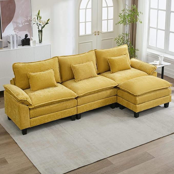 URRED Cloud Couch Modular Sectional Sofa, 122'' Modern L Shaped Deep Seat Sofa with Ottoman & Pillows, Ultra Comfy Chenille Couches for Living Room, Bedroom or Apartment. Yellow