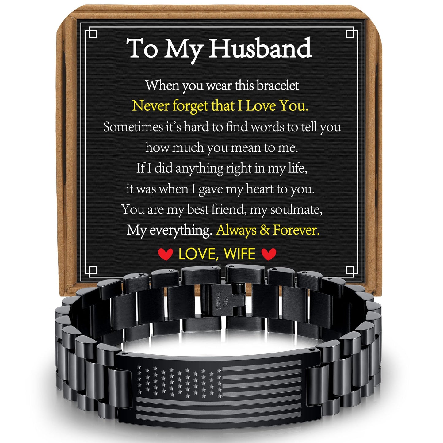 VULETO To My Husband Bracelet Gifts from Wife, Stainless Steel American Flag Adjustable Watch Band Link Bracelet Fathers Day Valentines Birthday Anniversary Military Jewelry Gifts Presents for Men Him Male Love