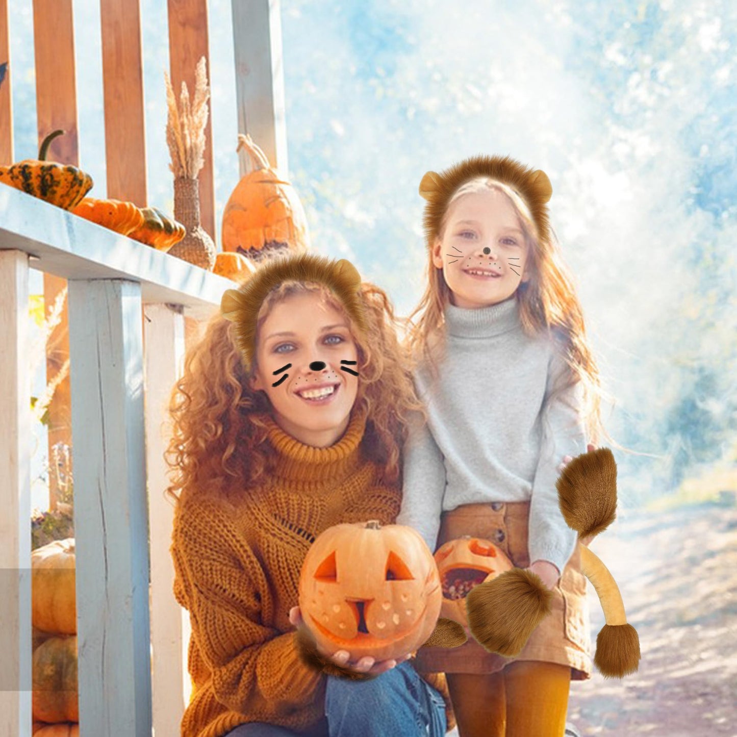 Dodheah Lion Ears Headband Set Fingerless Furry Lion Glove Paws Lion Tail Animal Cosplay Halloween Fancy Dress Lion Costume Yellow