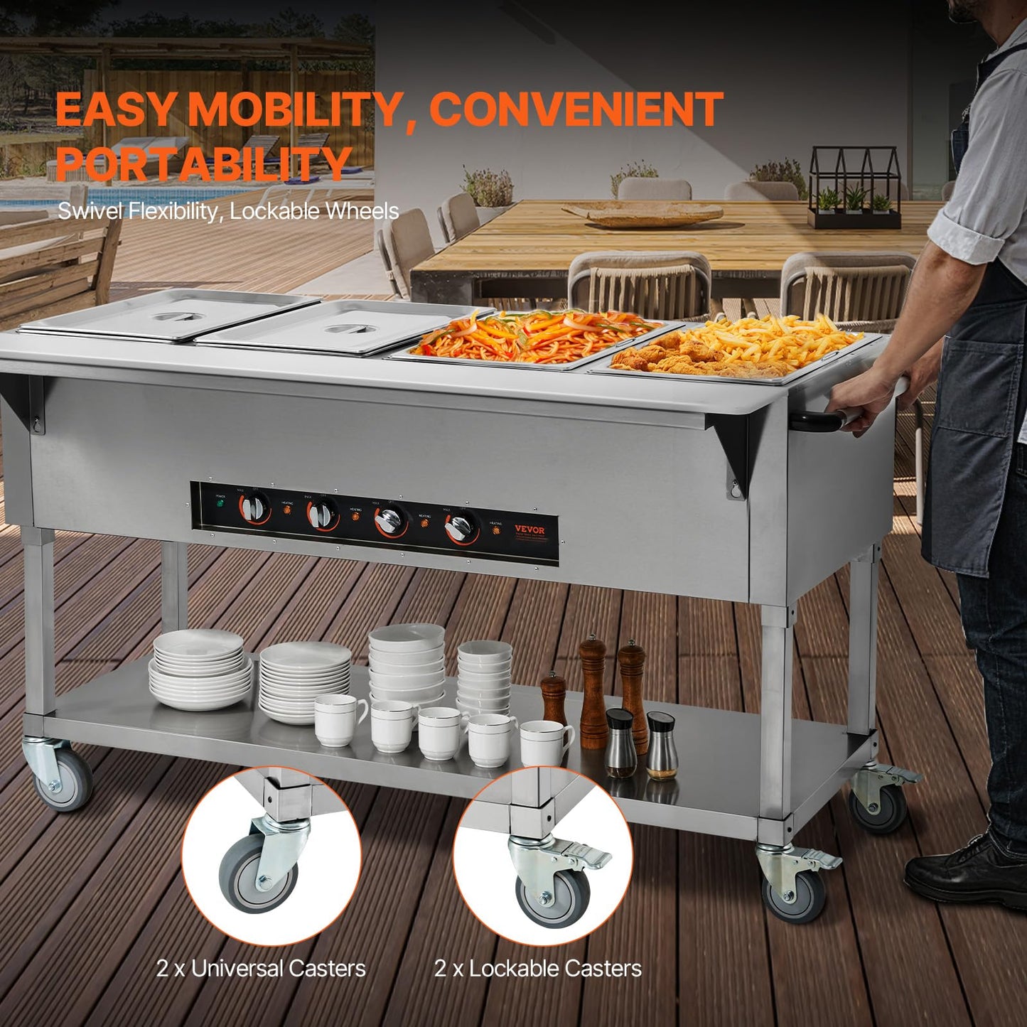 VEVOR Commercial Food Warmer, 2000W Electric Steam Table with 4 x 20.6QT Pans, Versatile Food-Grade Stainless Steel Server with Countertop & Shelf, Movable Buffet Catering Warmer for Party Restaurant