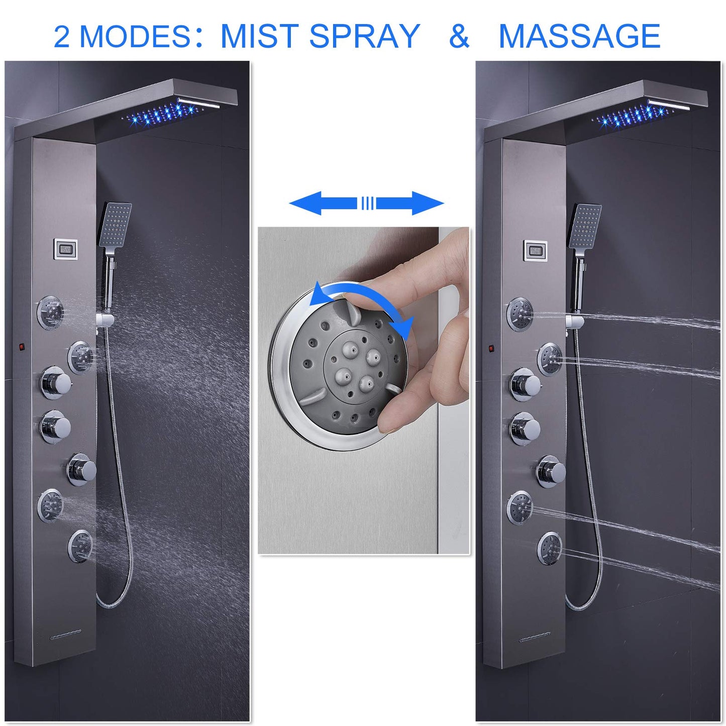MENATT LED Shower Panel Tower System, 6 in 1 Stainless Steel LED Shower Column, Rainfall & Waterfall Head, Massage Jets, Tub Spout, Handheld Shower(Brushed)