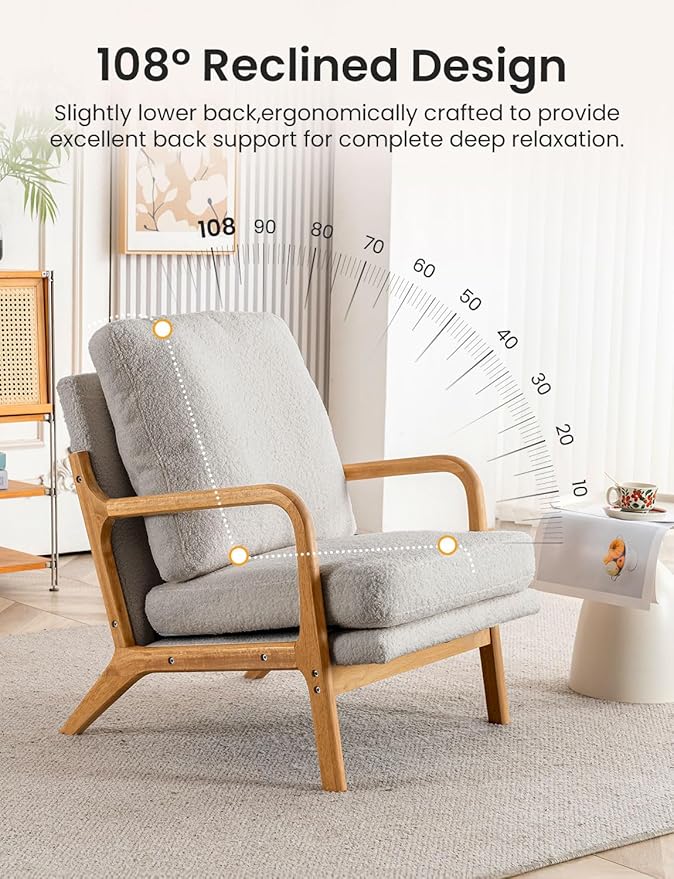 Mid Century Modern Accent Chairs for Living Room, 23” Wide Comfy Chair for Bedroom, Small Cozy Sherpa Reading Chairs for Adults, 108° Lounge Arm Chair Indoor with Detachable Cover, 5.5" Foam Cushion