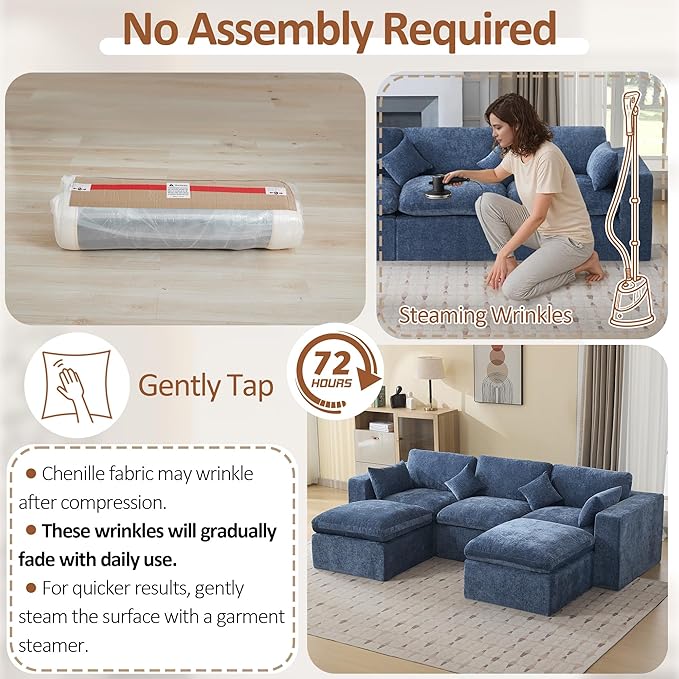 115'' Cloud Boneless Sectional Couch, Modular Sectional Sofa Deep Seat with 2 Ottomans, Oversized Upholstered Convertible Comfy 5 Seater Chenille Sofa U Shape Couches for Living Room, Blue