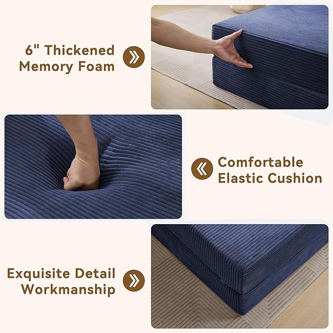 WUTUTUEE Folding Sofa Bed Convertible Floor Couch Foldable Chair Bed with Pillow，Linen Sleeper Chair Futon,Foldable Memory Foam Mattress for Bedroom/Living Room/Dorm/Office (Corduroy Navy, Standard)
