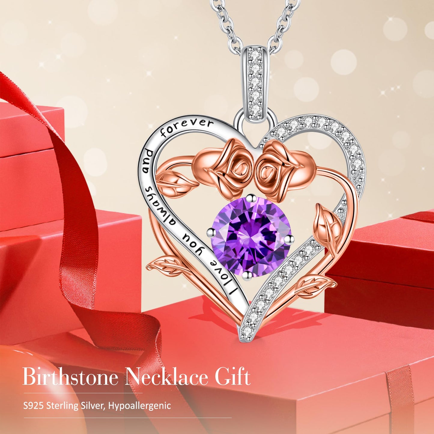 Lomantise Heart Necklaces for Women, 925 Sterling Silver Rose Heart Birthstone Necklace Christmas Anniversary Birthday Jewelry Gifts for Women Wife Mom Girlfriend Her