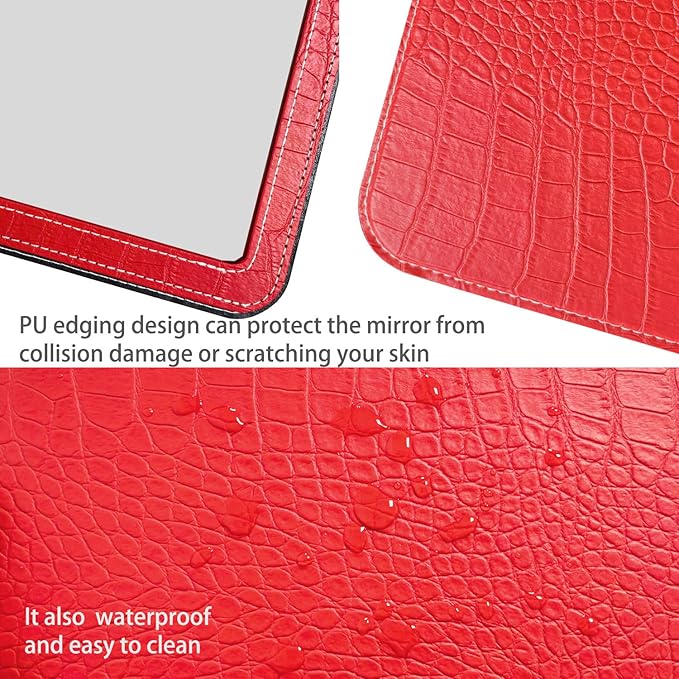 Red Foldable Desk Mirror, 6.5×8.9” Adjustable Angle Rounded Rectangle PU Edge Covering Travel Mirror with Stand (LRed)