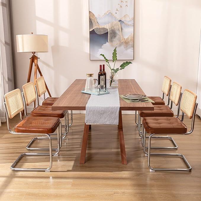 Zesthouse Natural Rattan Dining Chairs Set of 6, Modern Dining Room Chairs with Solid Wood Back for Kitchen Living Room, Mid Century Breuer Design Inspired, Upholstered Faux Leather Brown