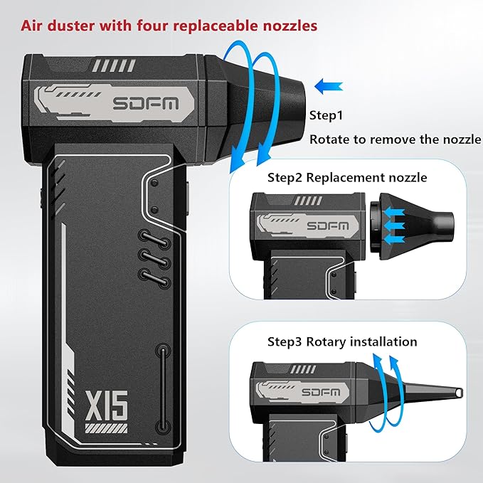 SDFM Compressed Air Duster - 180,000 RPM Electric Air Duster - with Brushless Motor, 3-Gear Adjustable Air Duster - for Keyboard, PC, Car, Air Bed, and Home Cleaning (X15)