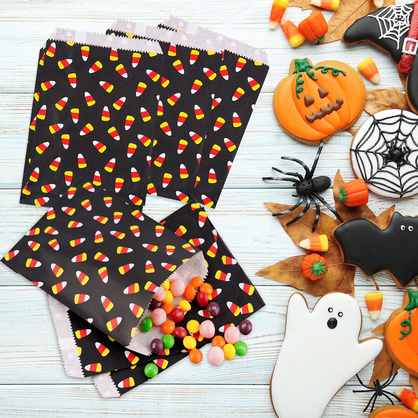 Kolewo4ever 100 Pieces Halloween Treat Bags Halloween Candy Corn Bag Paper Bags Candy Buffet Paper Bag for Chocolate Candy Cookies Party Favor
