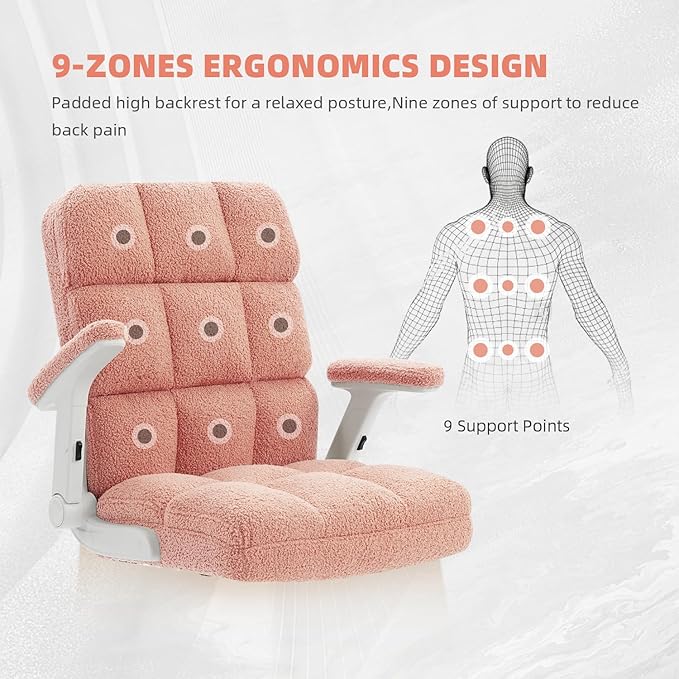 SEATZONE Pink Office Chair Ergonomic Computer Desk Chair with Wheels,Faux Fur Comfy Office Chair for Women and Girls,Teddy Fleece Material