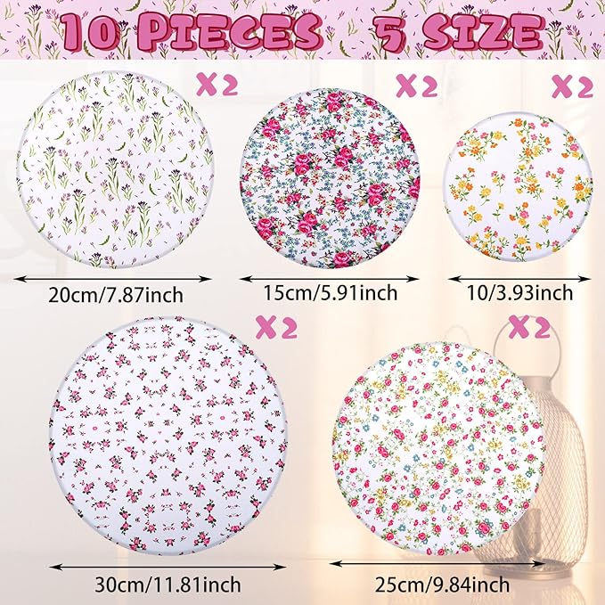Patelai 10 Pcs Bowl Covers Reusable in 5 Size Stretch Cloth Fabric Elastic Food Storage Bowl Covers Bread Sourdough Lids for Proofing Food Fruits Leftover(Red, Green, Yellow,Flowers Style)