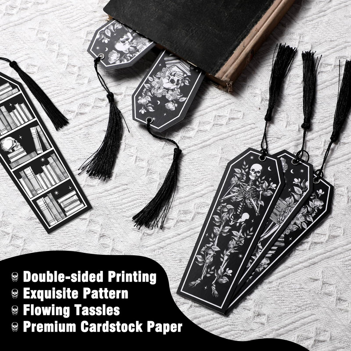 Kitticcino 30 Pieces Halloween Bookmarks Double Sided Printing Skeleton Coffin Bookmarks Page Markers with Black Tassels Reading Accessories Gifts for Women, Men, Teachers, Students, Book Lovers