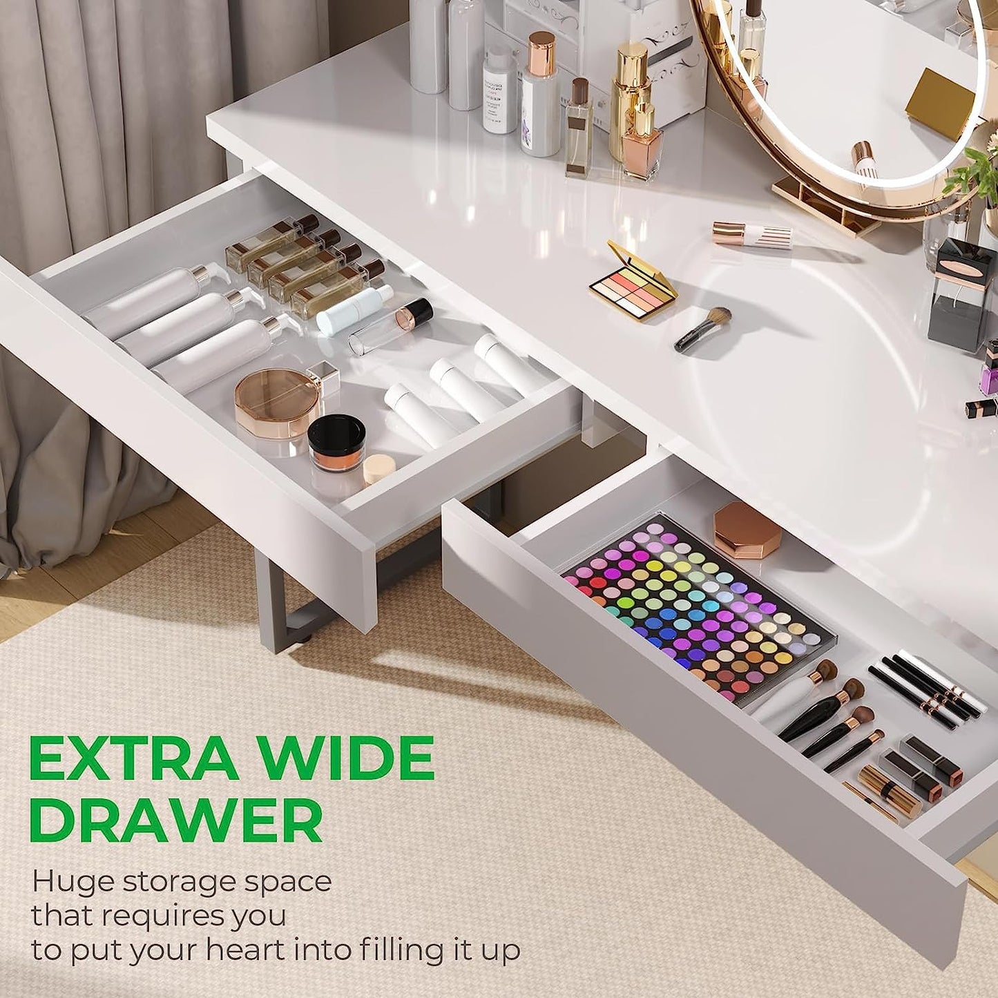 GreenForest Vanity Desk with 2 Drawers,47 inch White Desk with Glossy Desktop Easy Clean,Makeup Dressing Table with Metal Silver Legs for Home Office Small Spaces,Bedroom