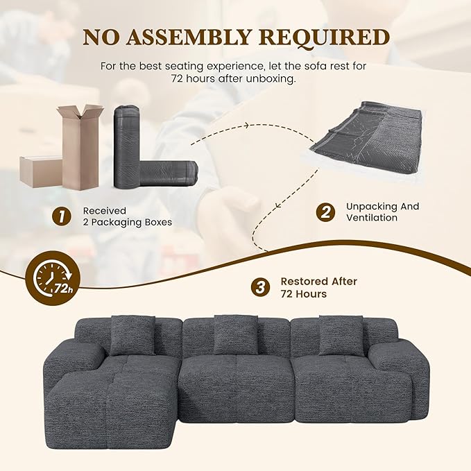122" L Shaped Convertible Modular Couch, Cloud Couch Sectional with Ottoman, 4-Seater Chenille Boneless Couches for Living Room, Apartment, No Assembly, Grey Black 1PCS