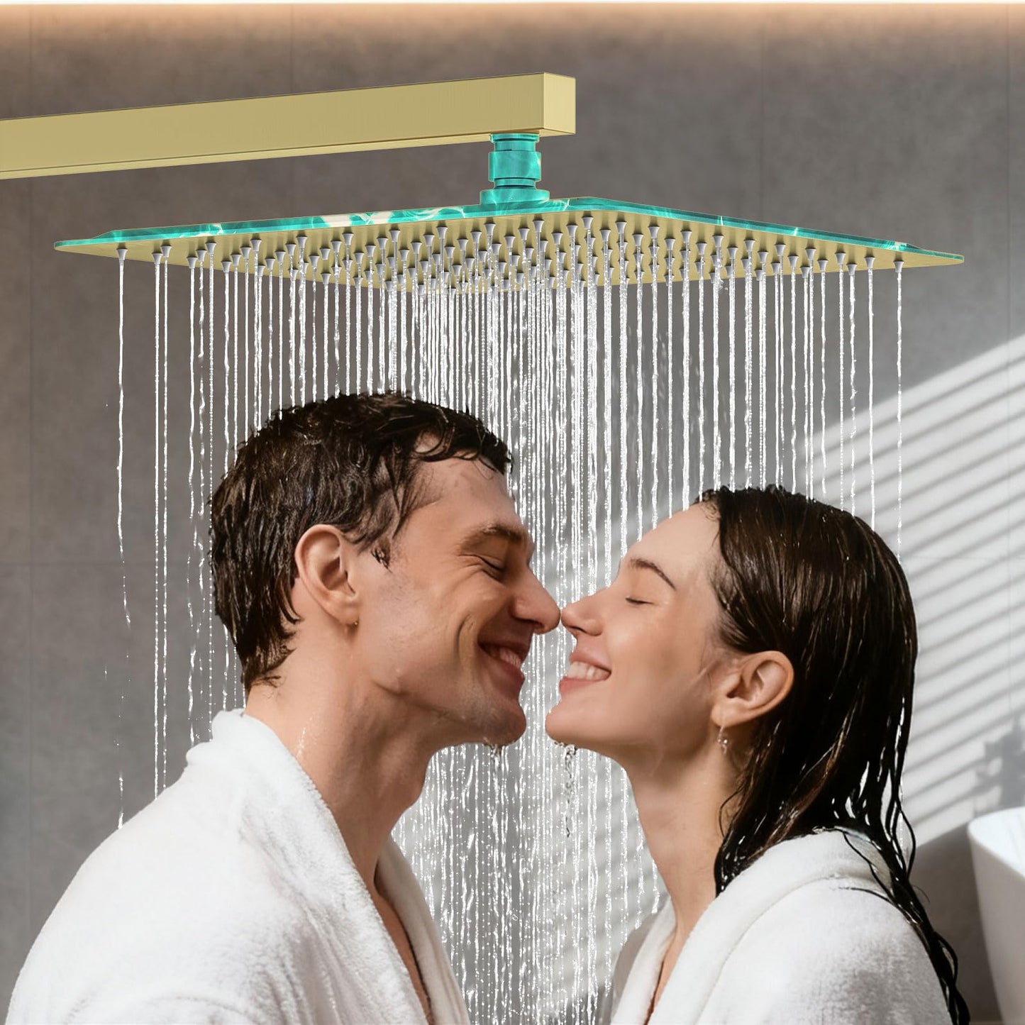 JQBQS Shower System Modern Rain Brass Faucet Set With Valve and Diverter Shower Mixer With Handheld High Pressure Square Rainfall Shower Valve (12'' Wall Mount, Brushed Gold)