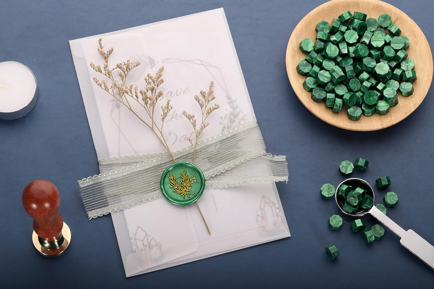 Yoption 360Pcs Wax Seal Beads, Metallic Antique Gold and Green Mix Sealing Wax Beads with 2Pcs Tea Candles and Spoon for Gift, Invitation, Envelope