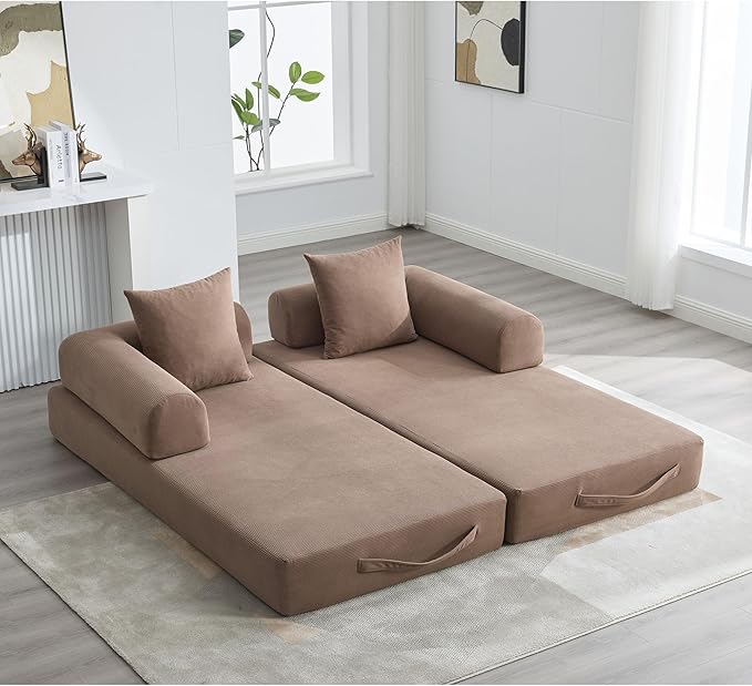 ZEIINPA Convertible Folding Mattress Couch, Comfy Corduroy Sleeper Floor Sofa Bed with Fixed-Shape Frame, Floor Sofa with Armrest, Lounge Couch for Living Room Bedroom Lounge Studio,Brown